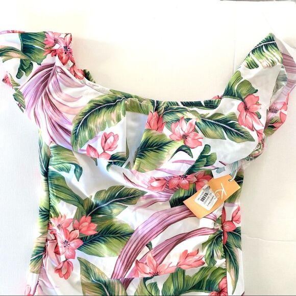 Kona Sol Off-Shoulder Ruffle One-Piece Swimsuit – Green/White, Size S, NWT - Picture 3 of 9